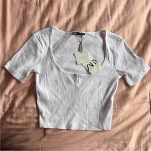 Zara Crop Top White Ribbed Short Sleeve Womens XS Extra small NEW WITH TAGS